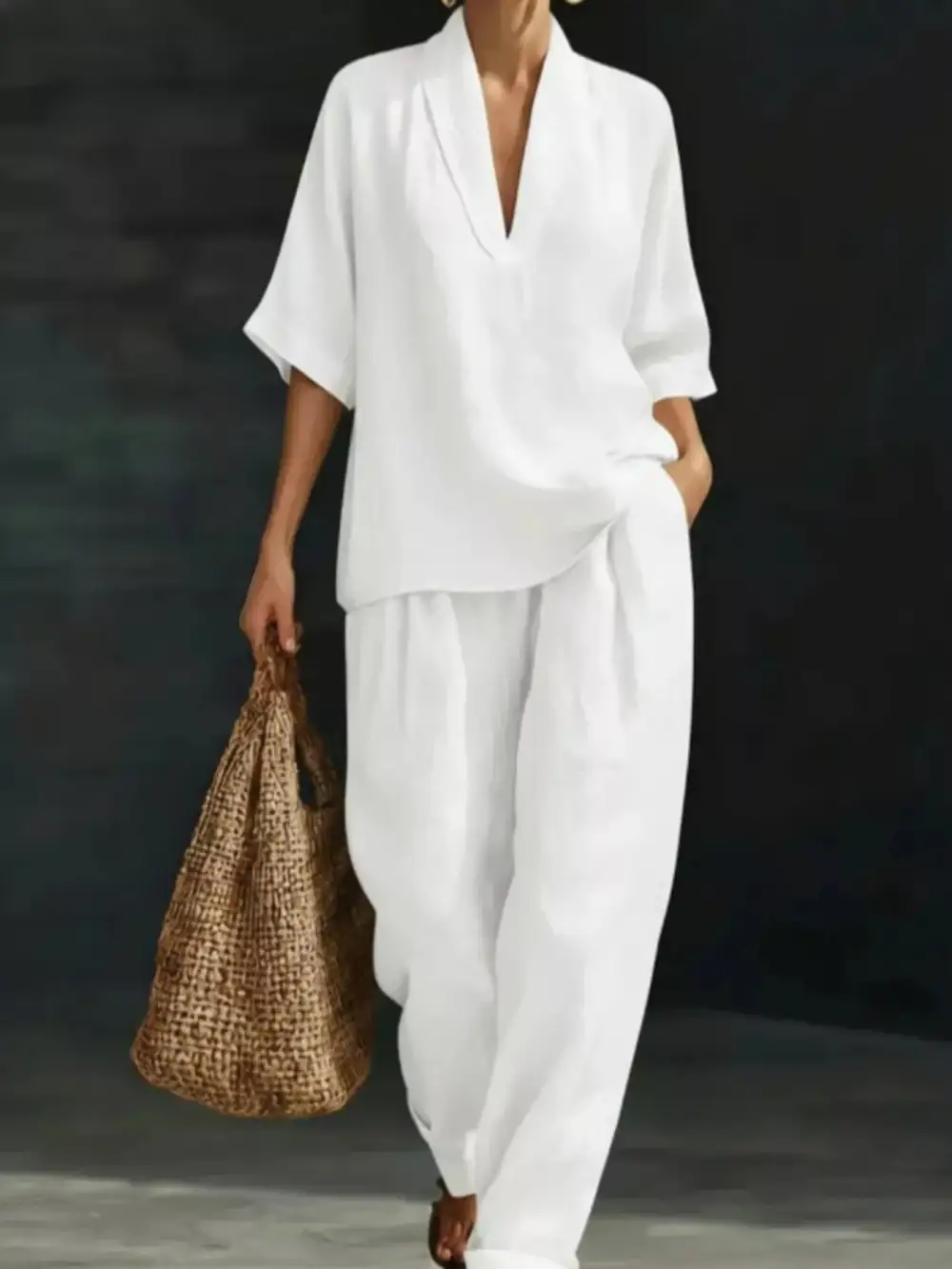 Relaxed Half Sleeve Top and Wide Leg Pants Set