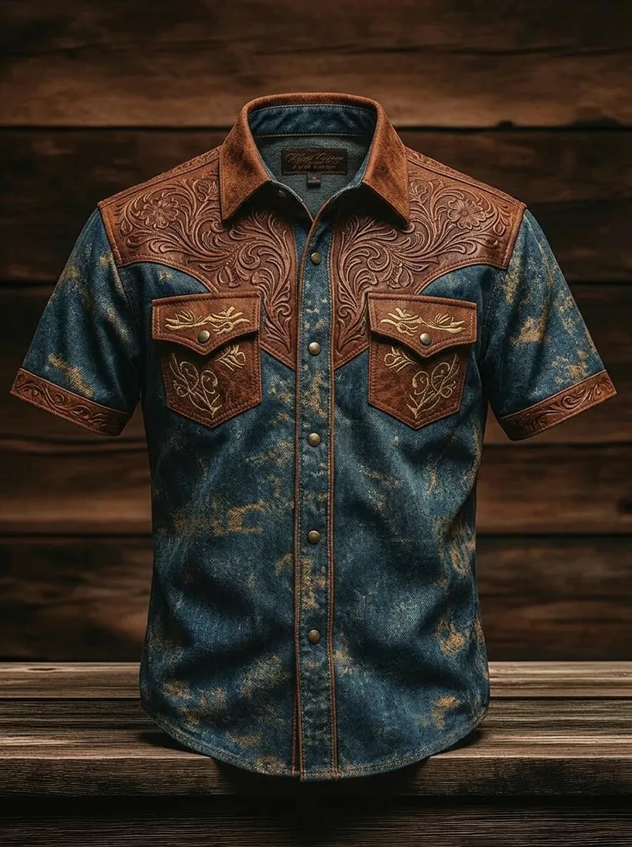 Men's Western Style Floral Tooled Leather Print Denim Shirt-2