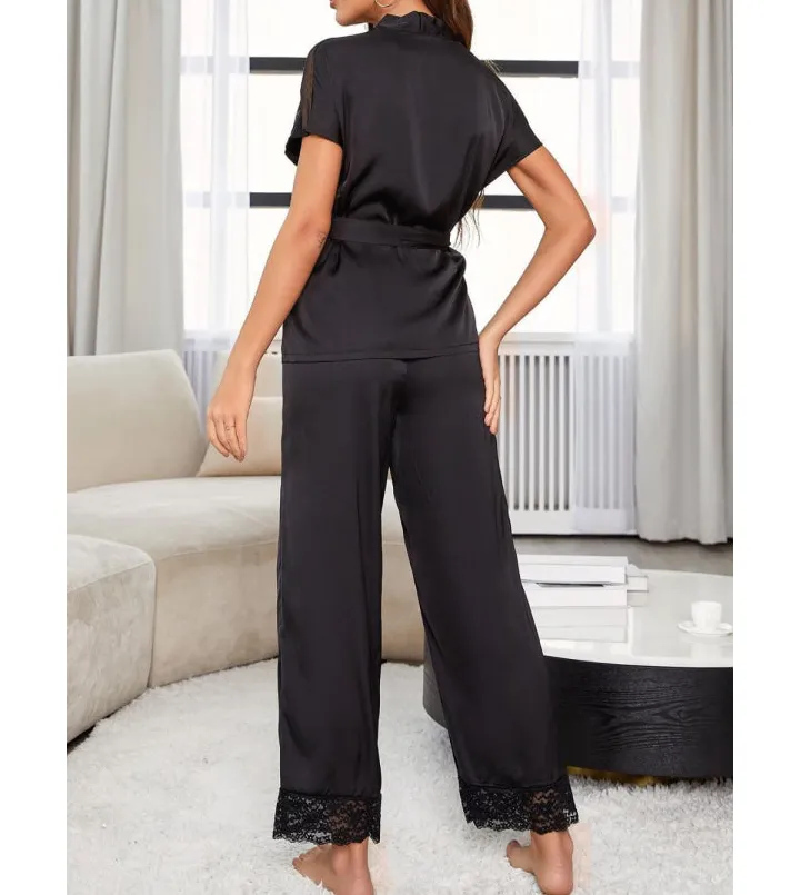 Surplice Neck Tie Waist Top and Pants Pajama Set