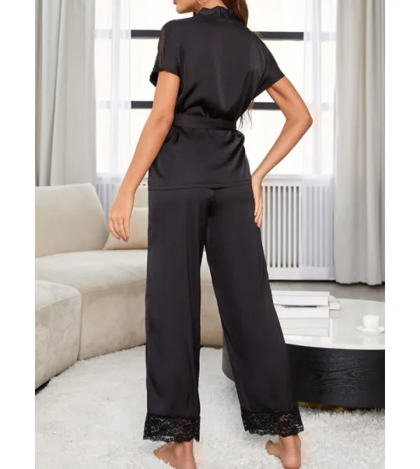 Surplice Neck Tie Waist Top and Pants Pajama Set