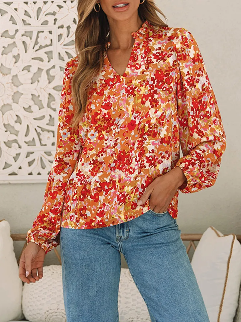 FLORAL V-NECK WOOD EAR HEM CASUAL SHIRT