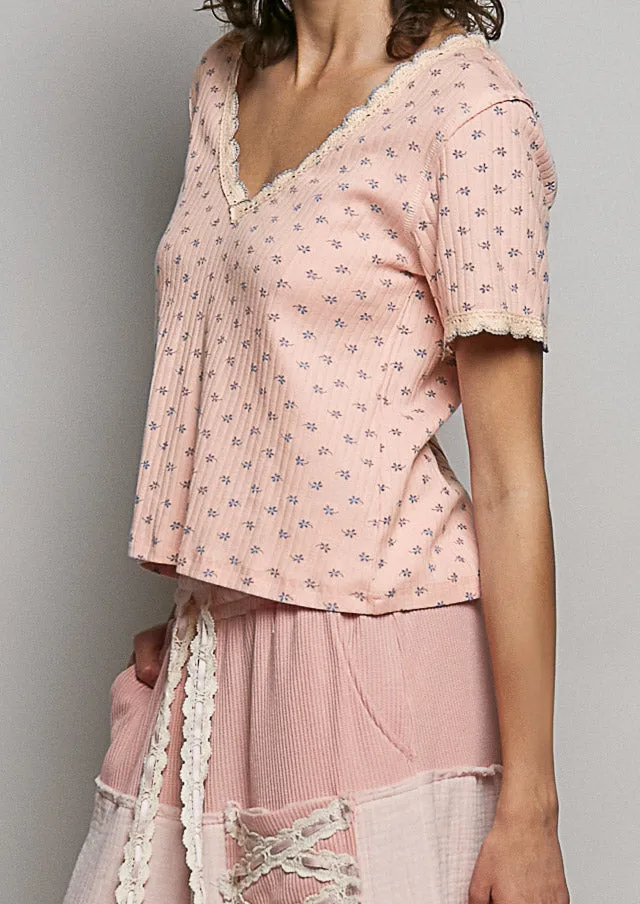 Floral V Neck Short Sleeve Rib T