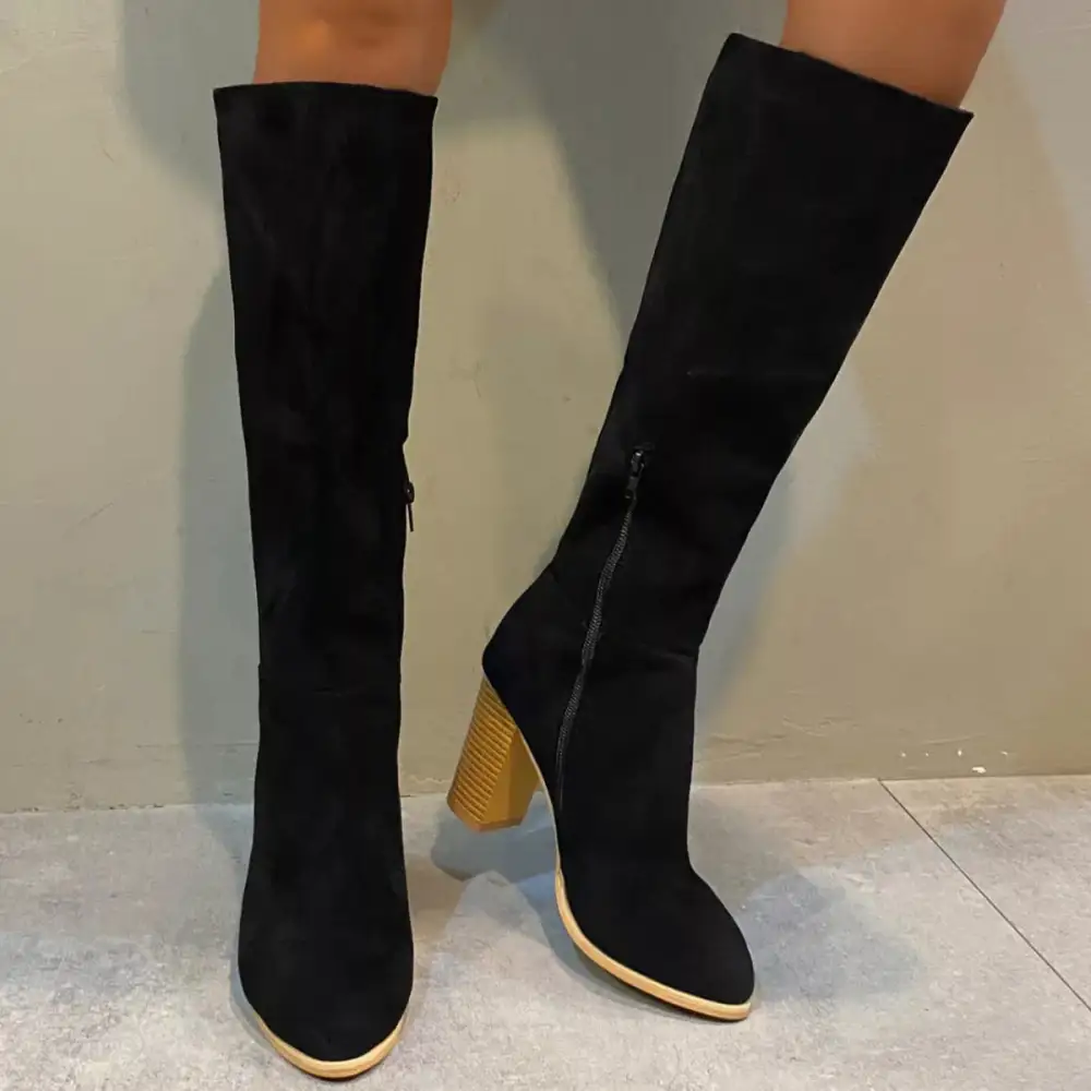 Pointed Toe Knee High Suede Block Heel Boots
