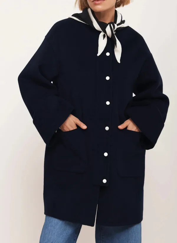 Casual Style Navy Wool Finished Coat