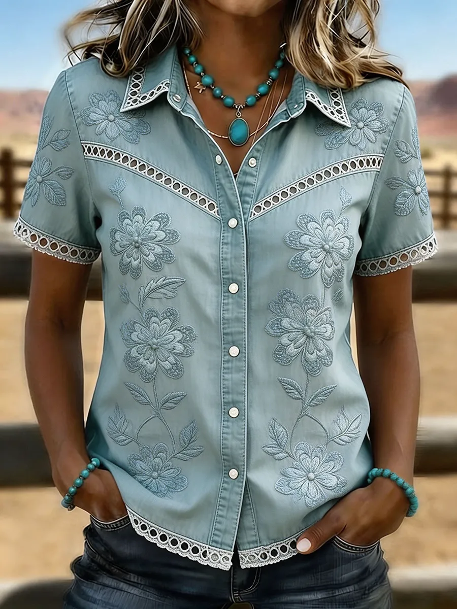 Women's Light Wash Floral Embroidered Lace Trim Western Denim Blouse