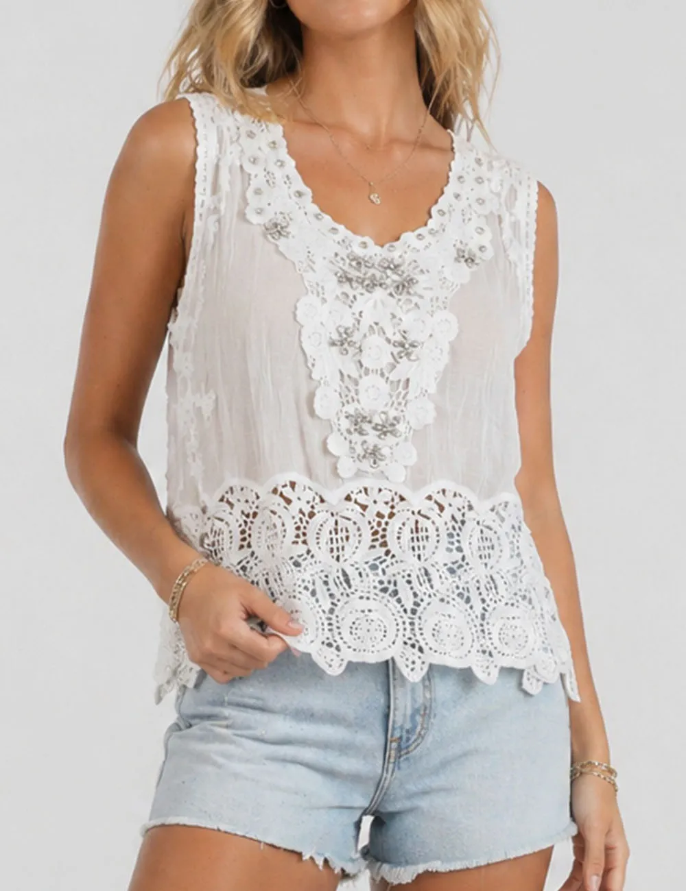 Crochet Lace Rhinestone Beaded Sleeveless Top