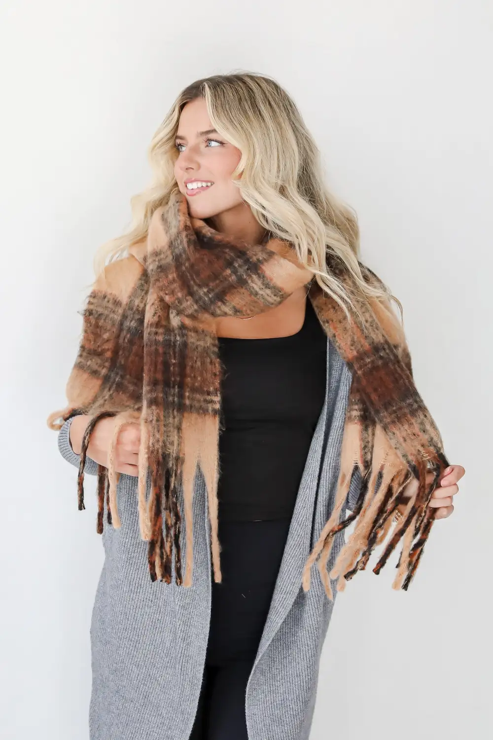 FINAL SALE - Snuggly Elevation Plaid Fringe Scarf - DOORBUSTER