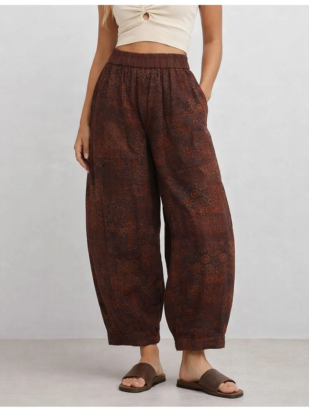Boho Geometric Elastic Waist Barrel Leg Pants