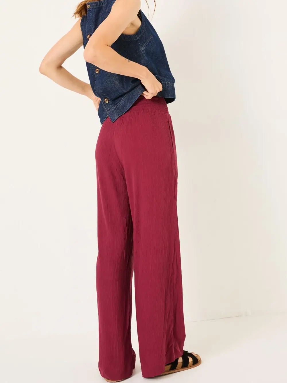 Burgundy Red Shirred Palazzo Wide Leg Trousers