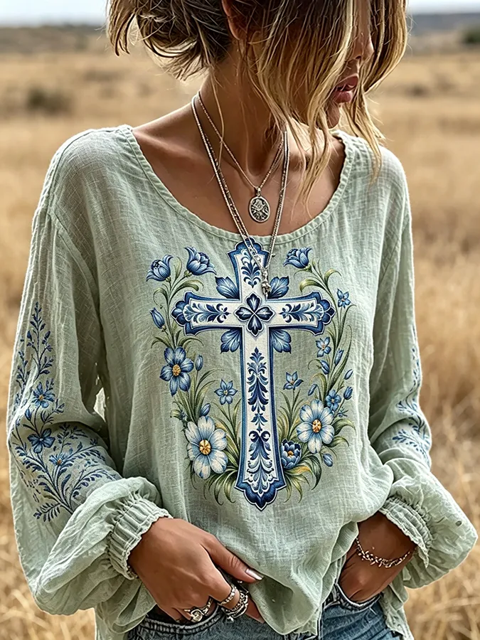 Women's  Floral Cross Print Western Long Sleeve Blouse