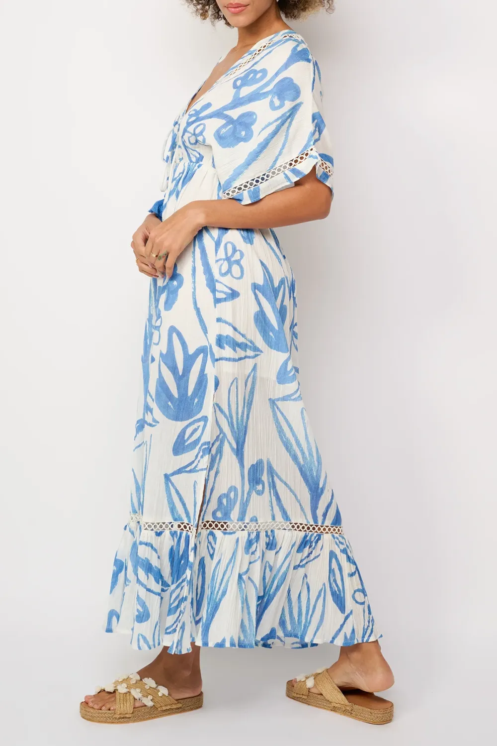 Blue And White Botanical Print V Neck Maxi Dress