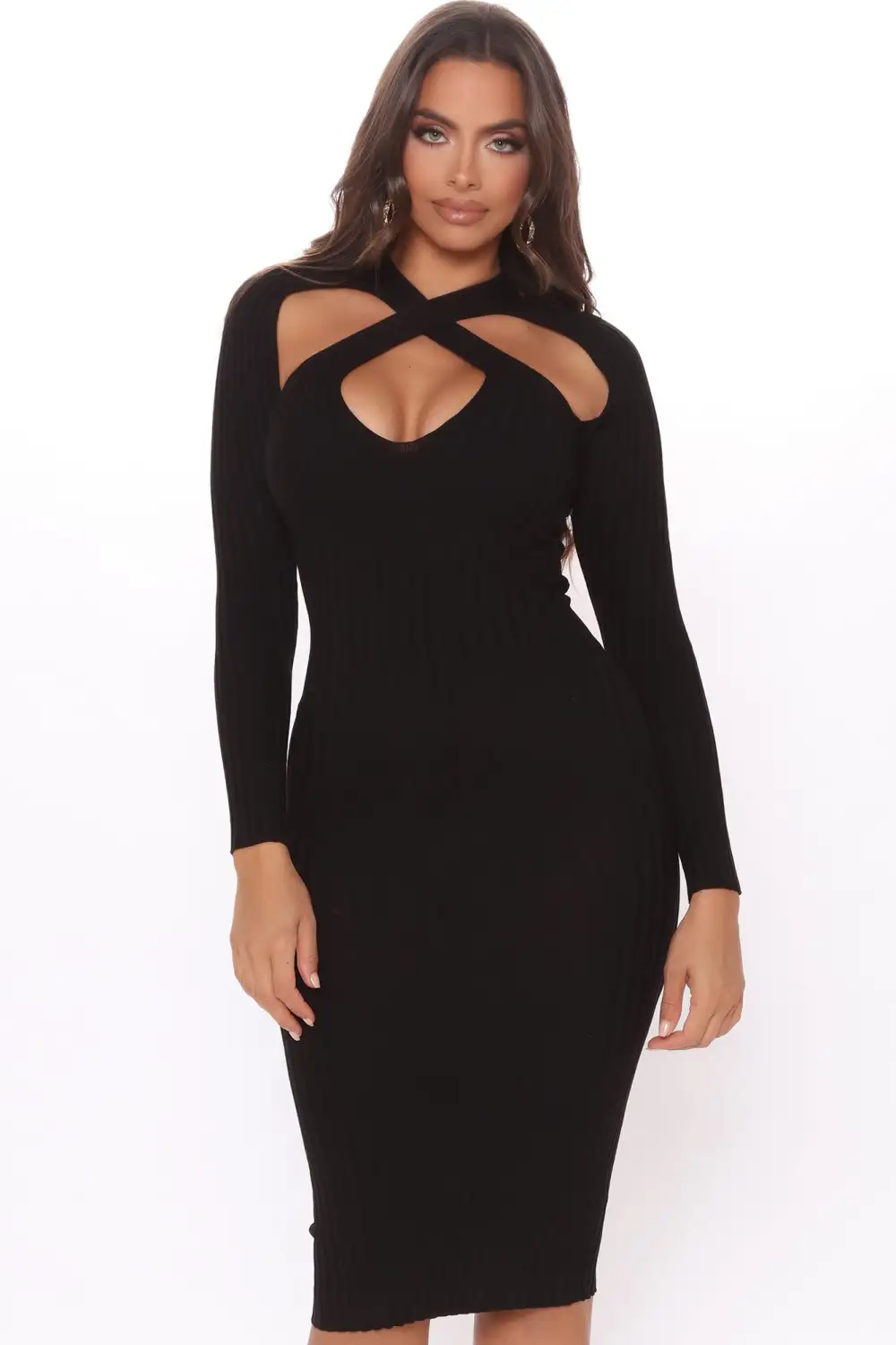 Caught Looking Sweater Midi Dress - Black