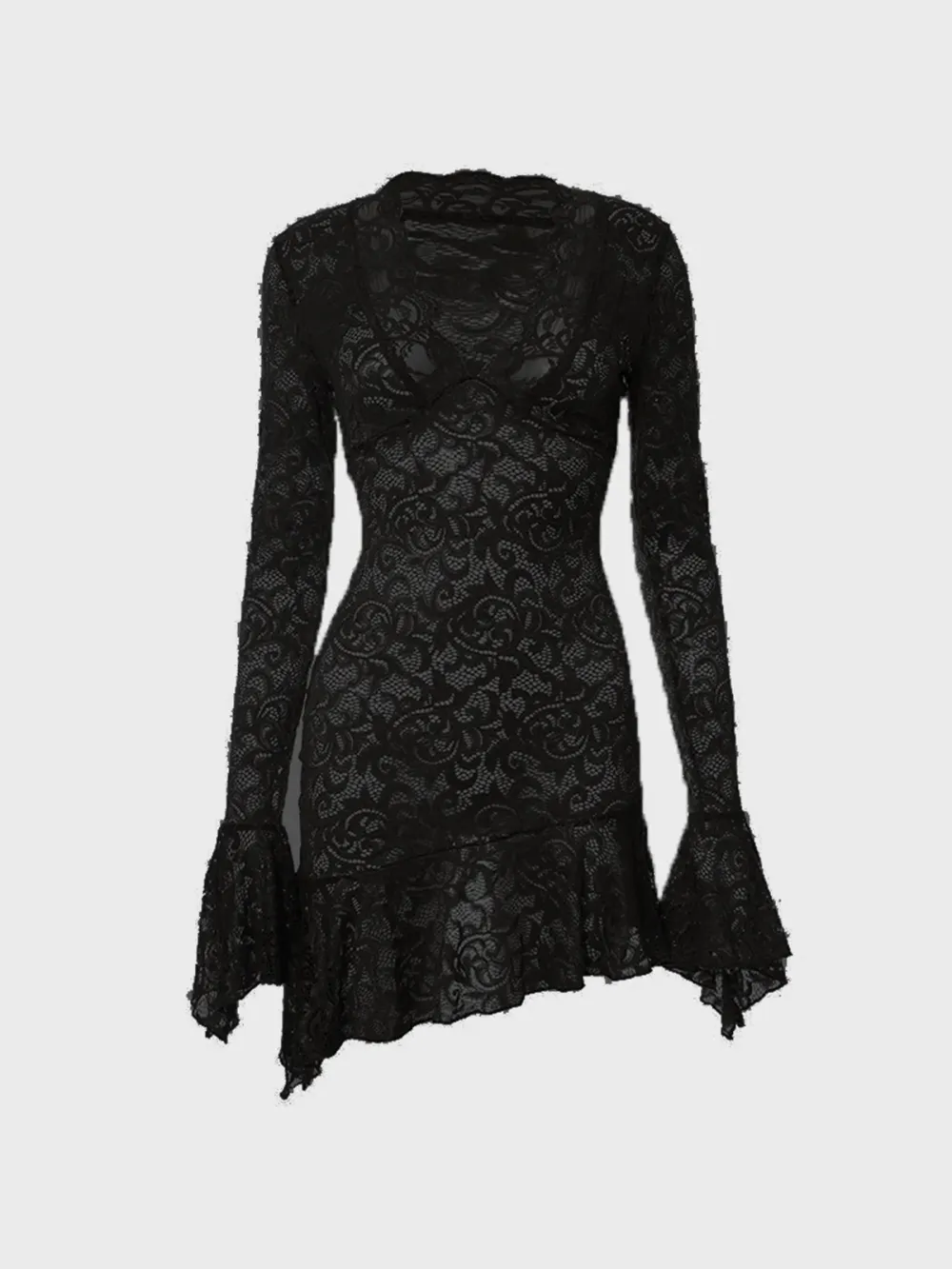 Lace V Neck Plain Long Sleeve Short Dress