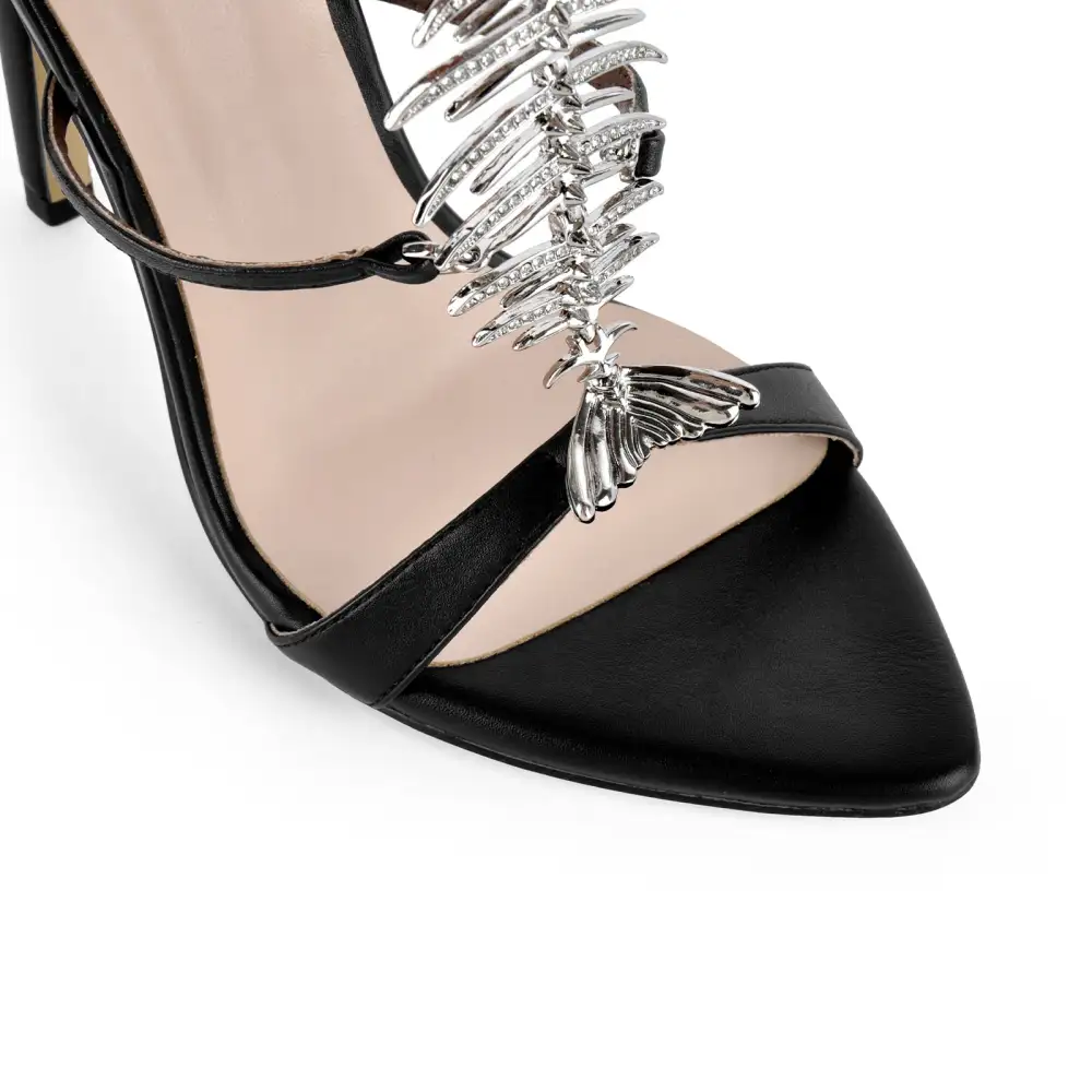 Pointed Toe Metal Fishbone Rhinestone Ankle Strap Sandals