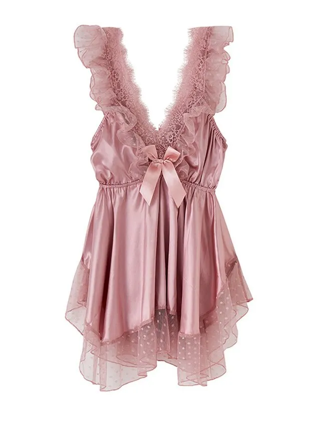 Deep V Sexy Romantic Elegant Lace Silk Nightdress