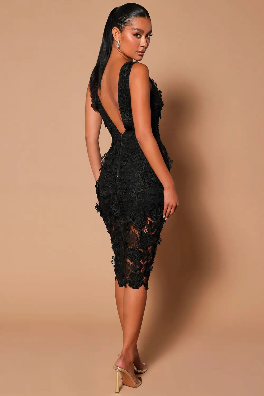 Portia Crochet Midi Dress - Black