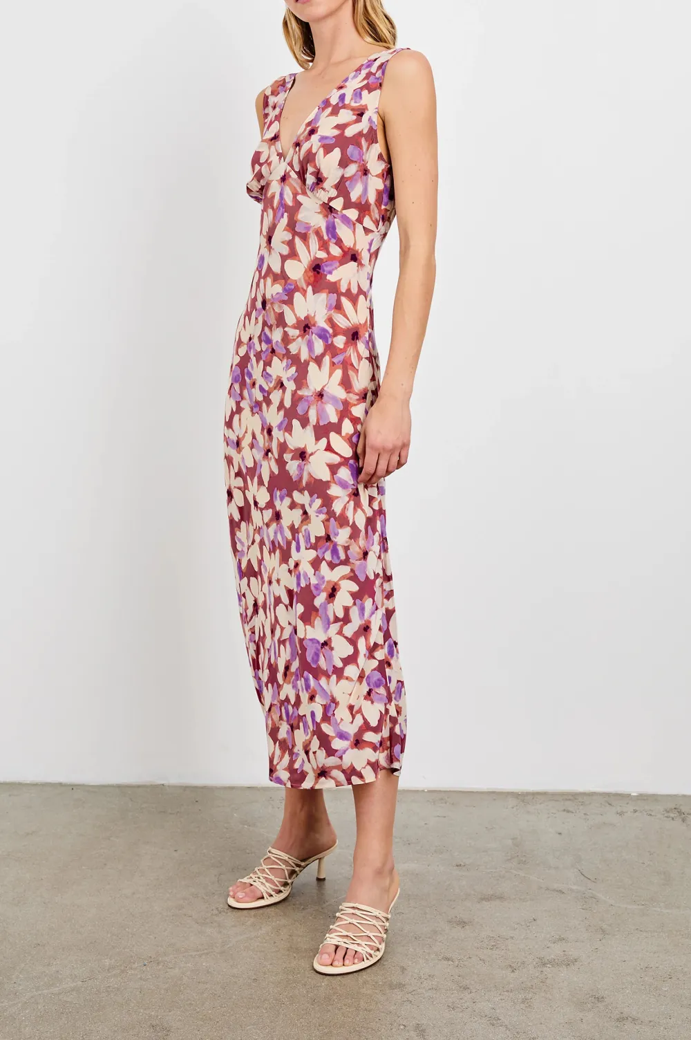 Purple-Red Floral Print Fitted Dress With A Waistline