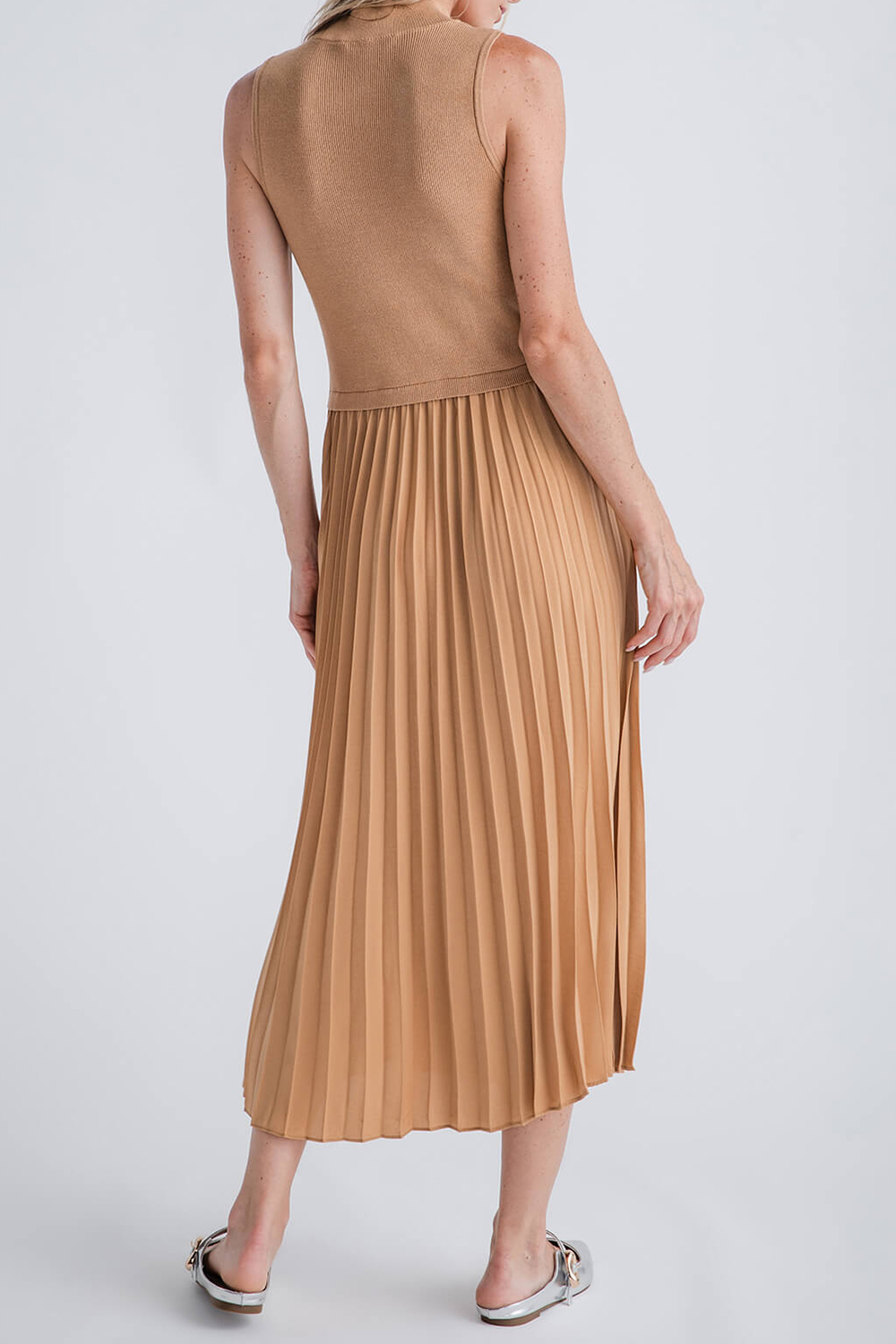 Skies Are Blue Pleated Contrast Mock Neck Dress - tan