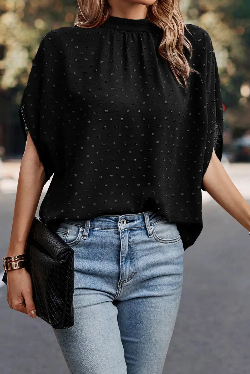 Bow Detail Batwing Sleeve Swiss Dot Blouse