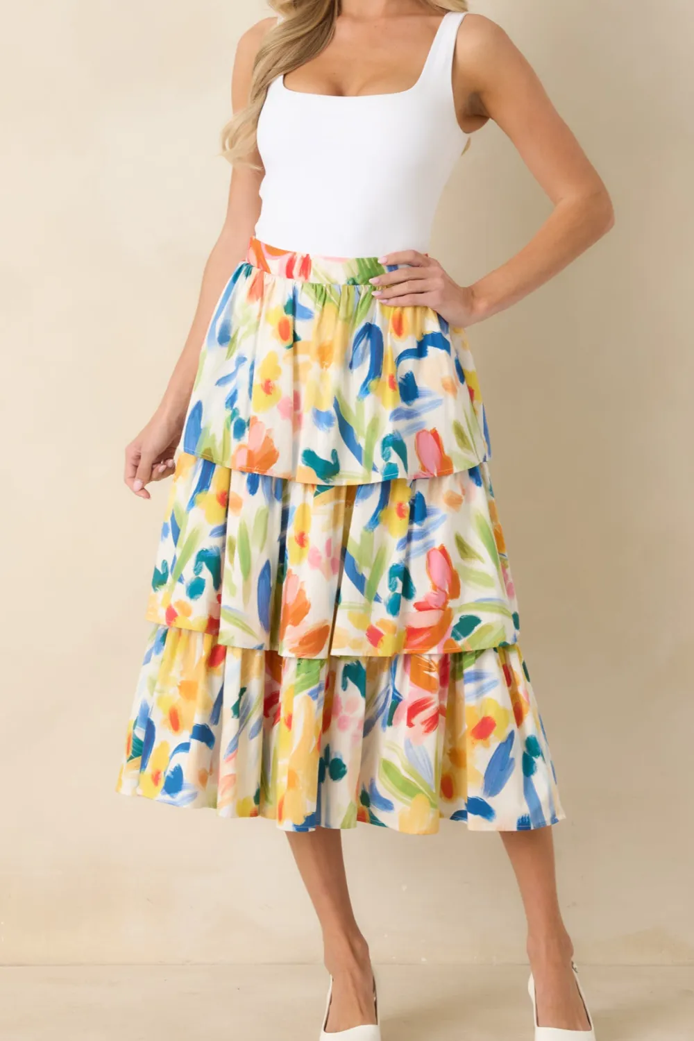 Multi Cotton Abstract Floral Print Tiered Midi Skirt
