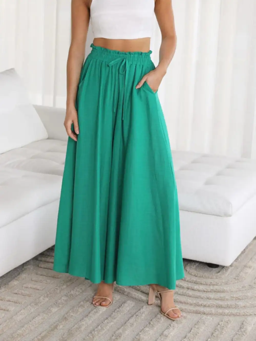 Textured Wide Leg Pants With Pocket