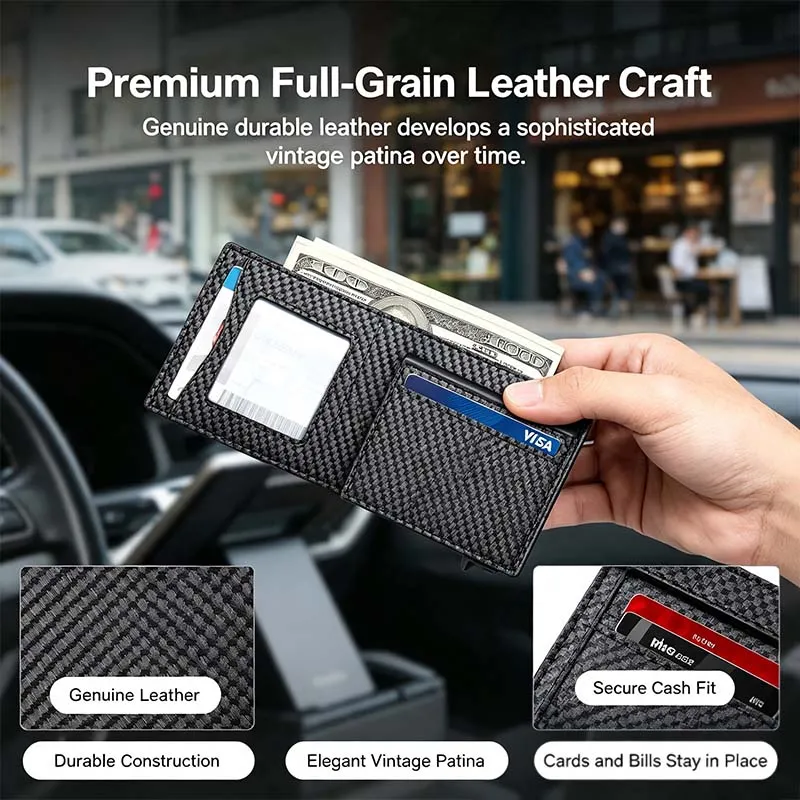 Men's RFID Minimalist Bifold Wallet - 1 ID Window, Pop-Up Card Holder, Money Clip💳