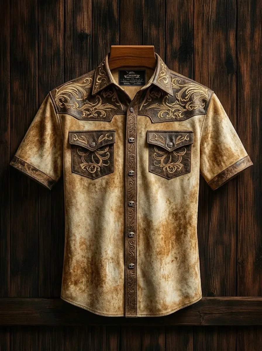 Men's Western Style Floral Embroidery Distressed Printed Shirt
