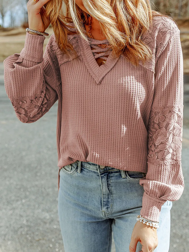 Waffle plaid lace up V-neck long sleeved top