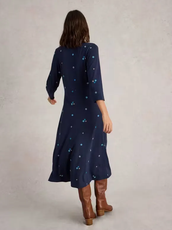 Embroidered Jersey Dress In Navy Print