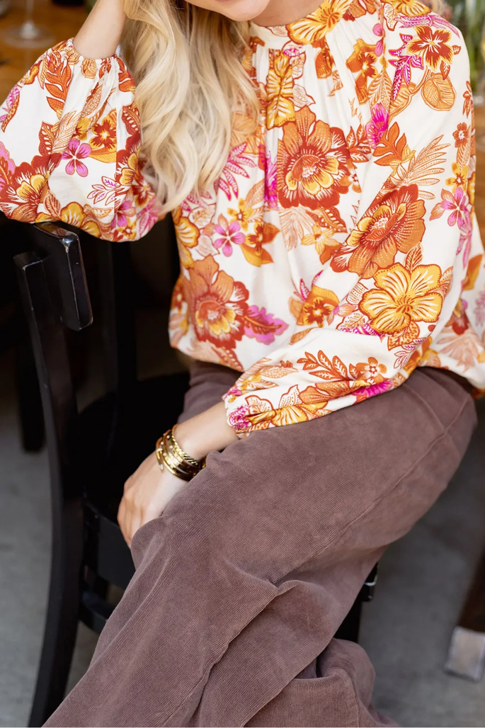Floral Print Balloon Sleeve High Neck Blouse