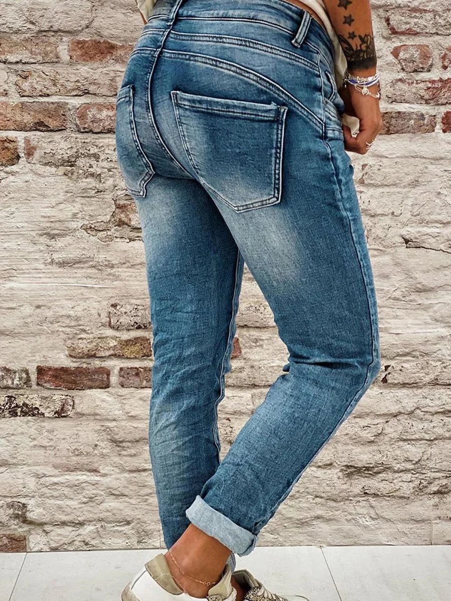 Blue denim minimalist solid color pocket jeans