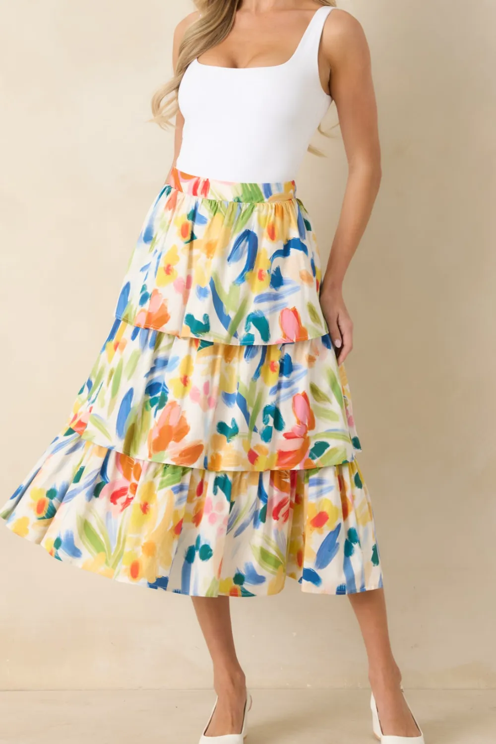 Multi Cotton Abstract Floral Print Tiered Midi Skirt