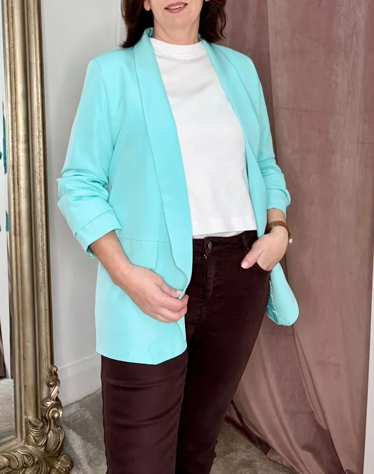 Mint Gathered Sleeve Blazer