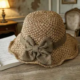 Women's Foldable Wide-Brim Straw Sun Hat – Hand-Knitted Cotton-Linen Blend with Bow Detail (Summer Style)