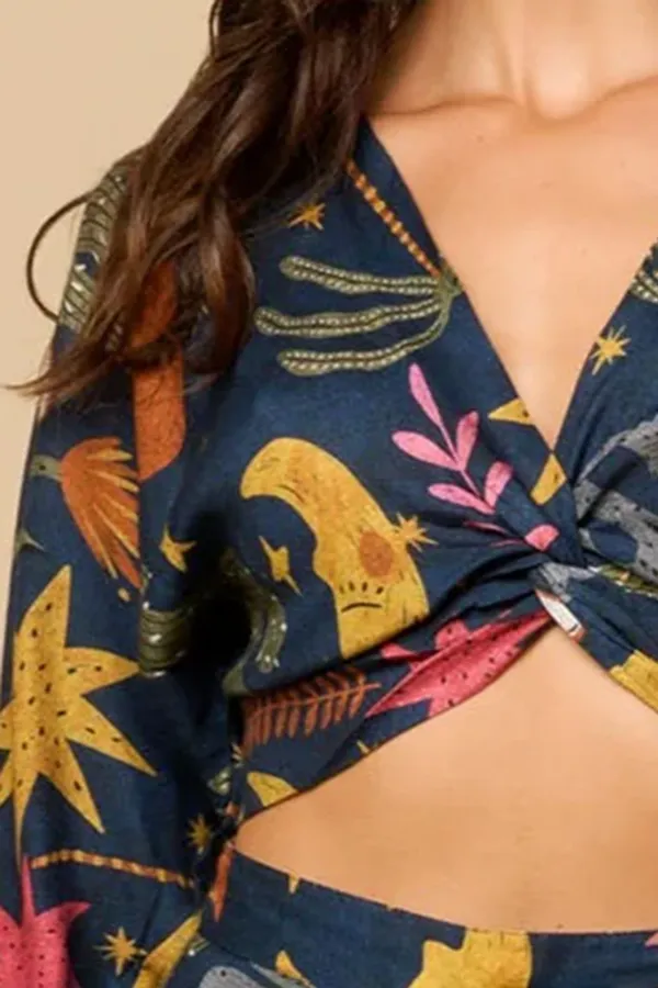Navy And Multicolor Celestial Print Knot Front Crop Top