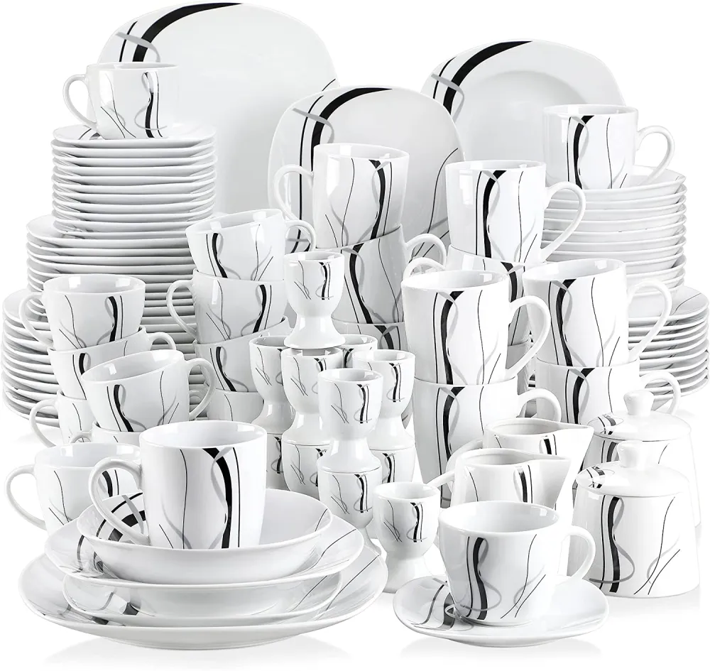 VEWEET, Series Fiona, 100-Piece Plates and Bowls Sets for 12, Including Porcelain Dishes Sets, Bowls, Mugs, Egg Cups, Cup and Saucer Set, Milk Jug and Sugar Pot Set, Microwave and Dishwasher Safe