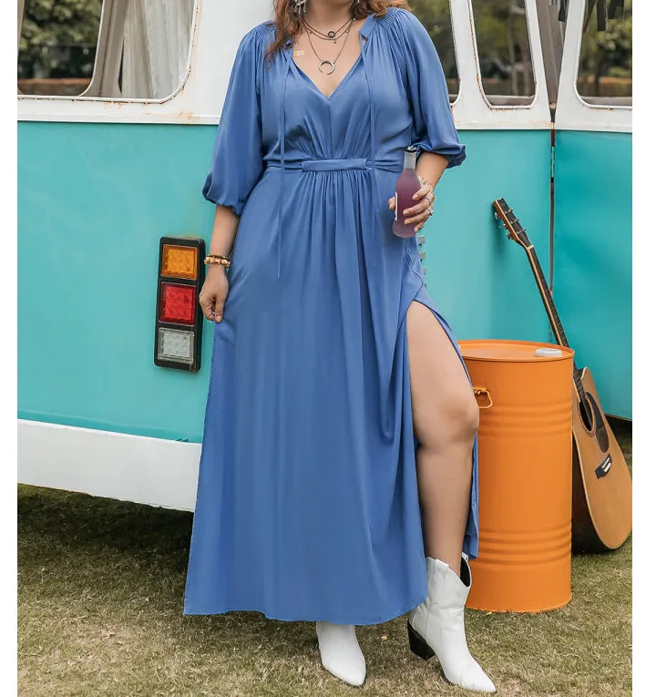 Plus Size Ruched Slit Three-Quarter Sleeve Midi Dress