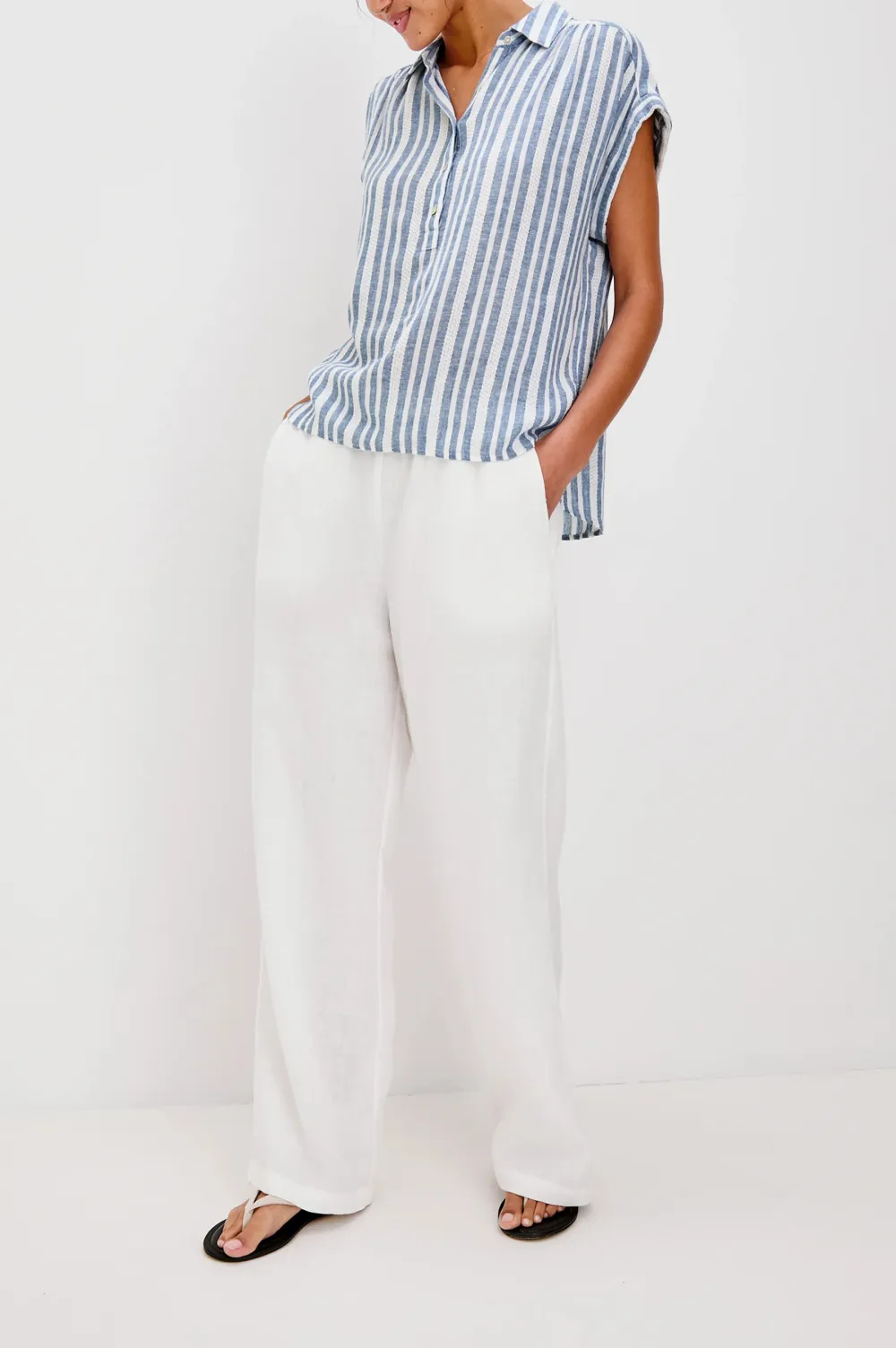V-Neck Vertical Striped Blue Casual Shirt