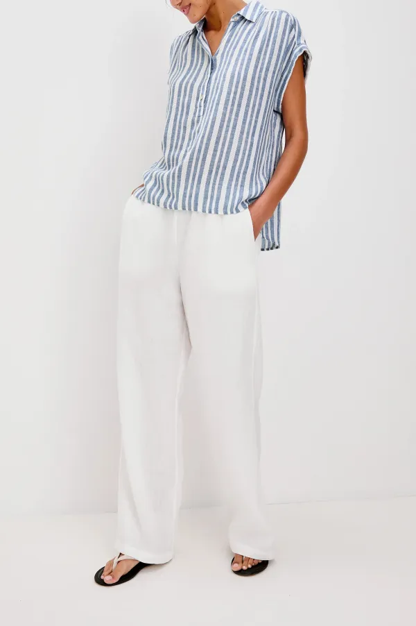 V-Neck Vertical Striped Blue Casual Shirt