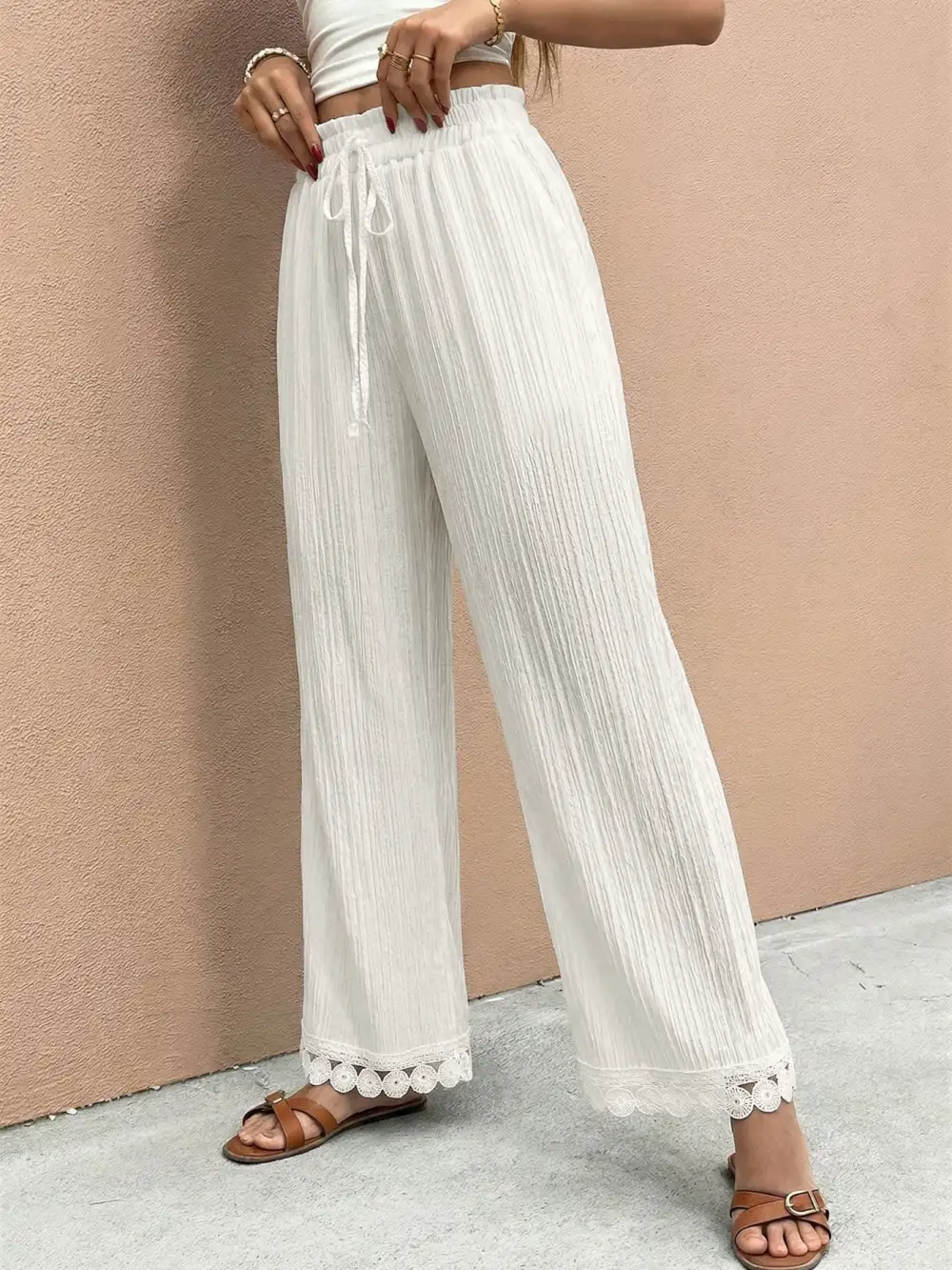 Everyday Lace Trim Wide Leg Pants