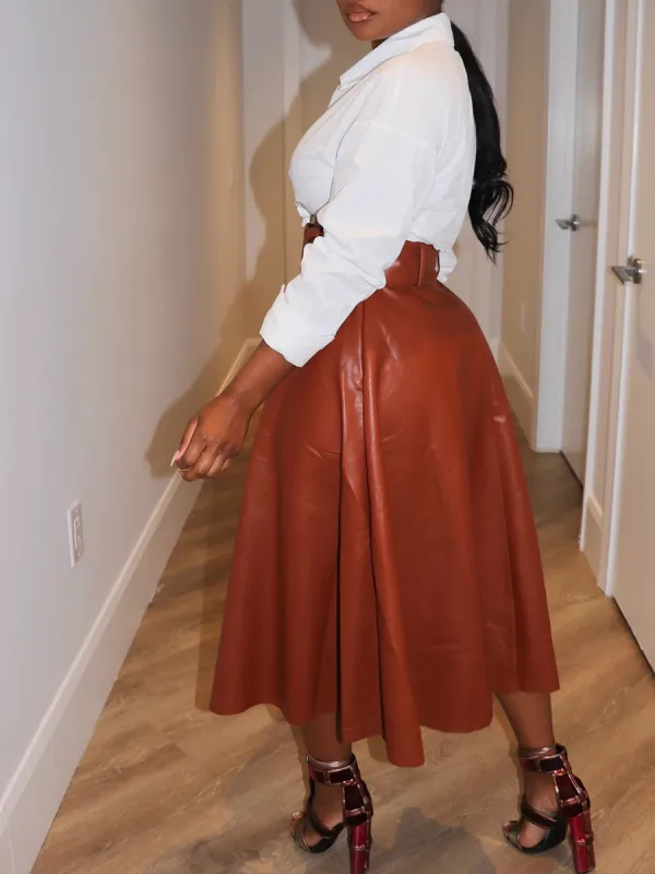 Solid Leather Jacket Half Skirt Set