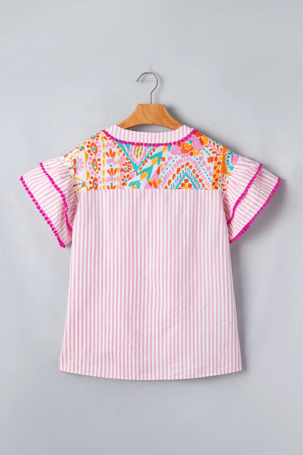 Rose Boho Mixed Print Contrast Trim Striped Patchwork Tiered Short Sleeve Blouse