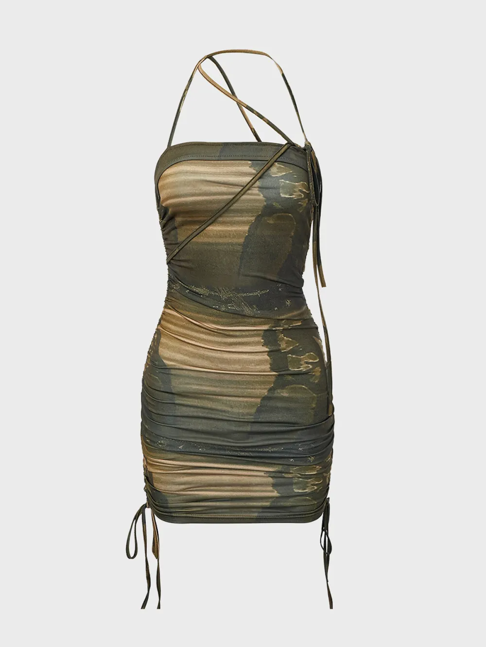 【Final Sale】Y2K Army Green Tie-Up Tie Dye Dress Mini Dress