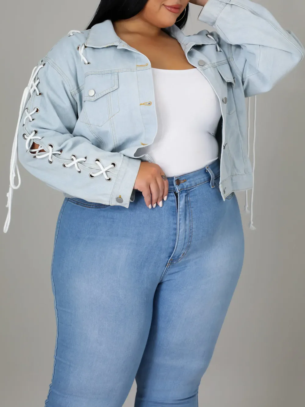 Plus-Size Fashion Women'S Lace-Up Denim Jacket