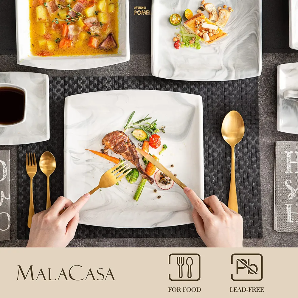 MALACASA Dish Set for 12, 60 Piece Marble Grey Square Dinnerware Sets, Porcelain Dinner Set with Plates and Bowls Sets, Cups and Saucers, Dishware Sets Kitchen Dishes Microwave Safe, Series Blance