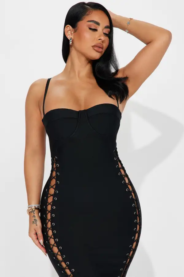 Lace Up Bandage Midi Dress - Black