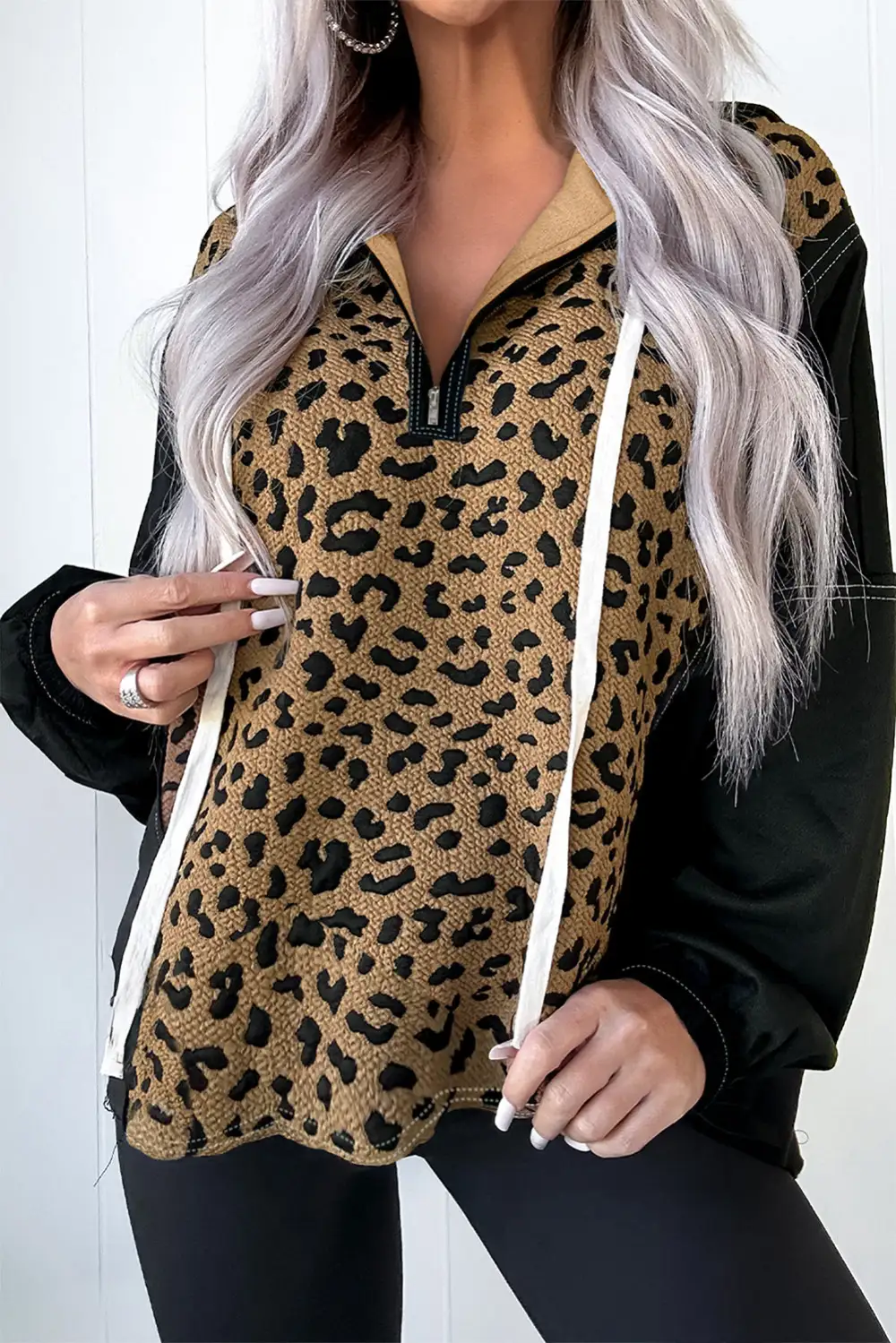 Leopard Print Patchwork Zip Detail Hoodie