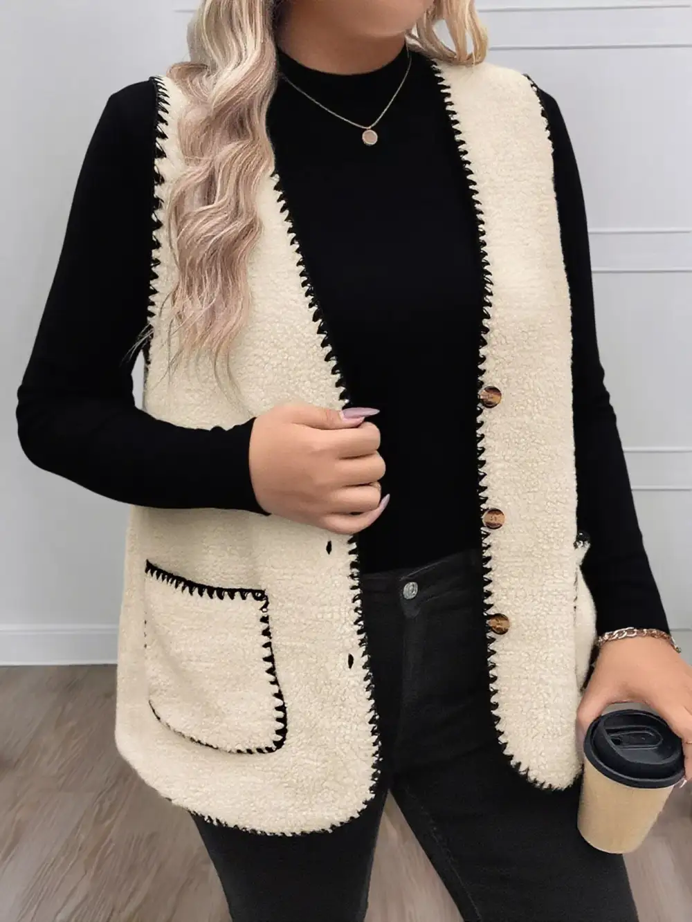 Plus Size Contrast Trim Button