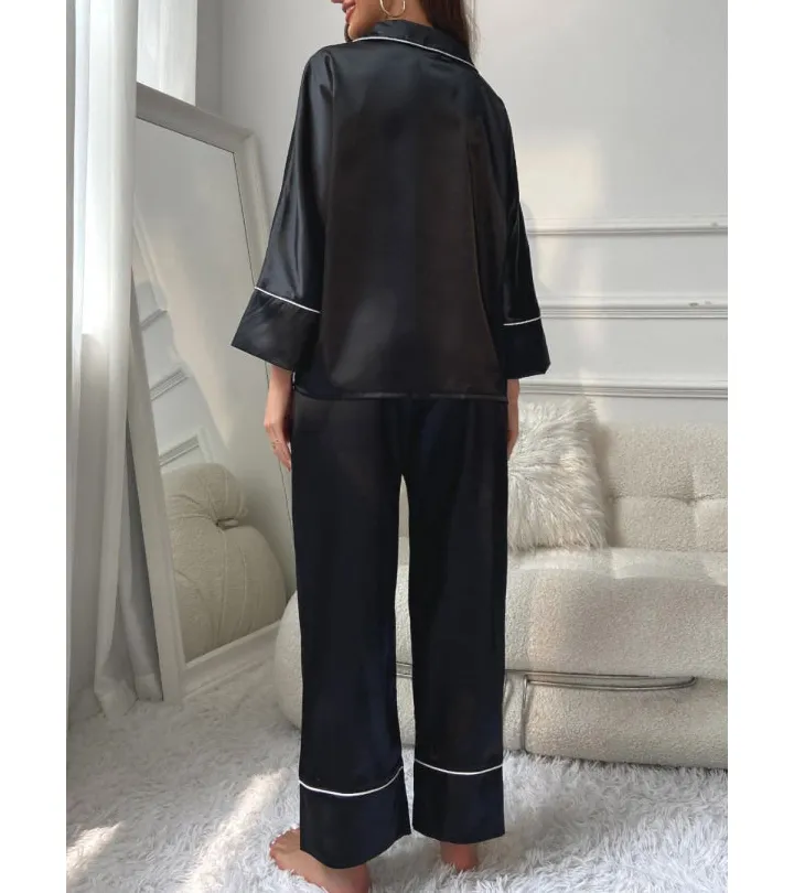 Contrast Piping Button Up Top and Pants Pajama Set