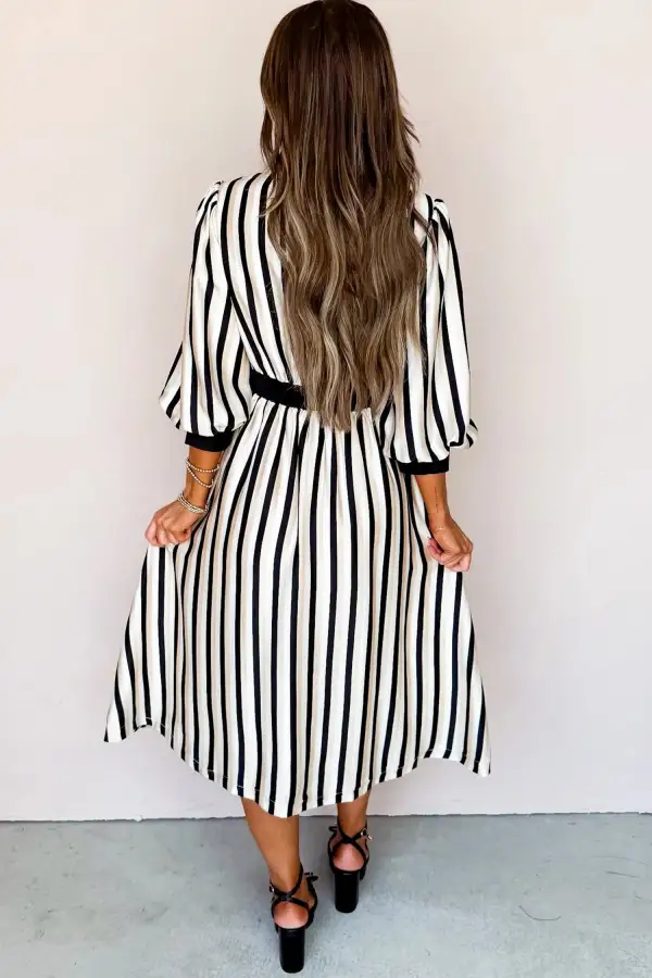 Stripe Puff Sleeve Button Front Midi Dress